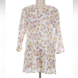 Roller Rabbit White Floral Tunic Top with Purple and Yellow Print
